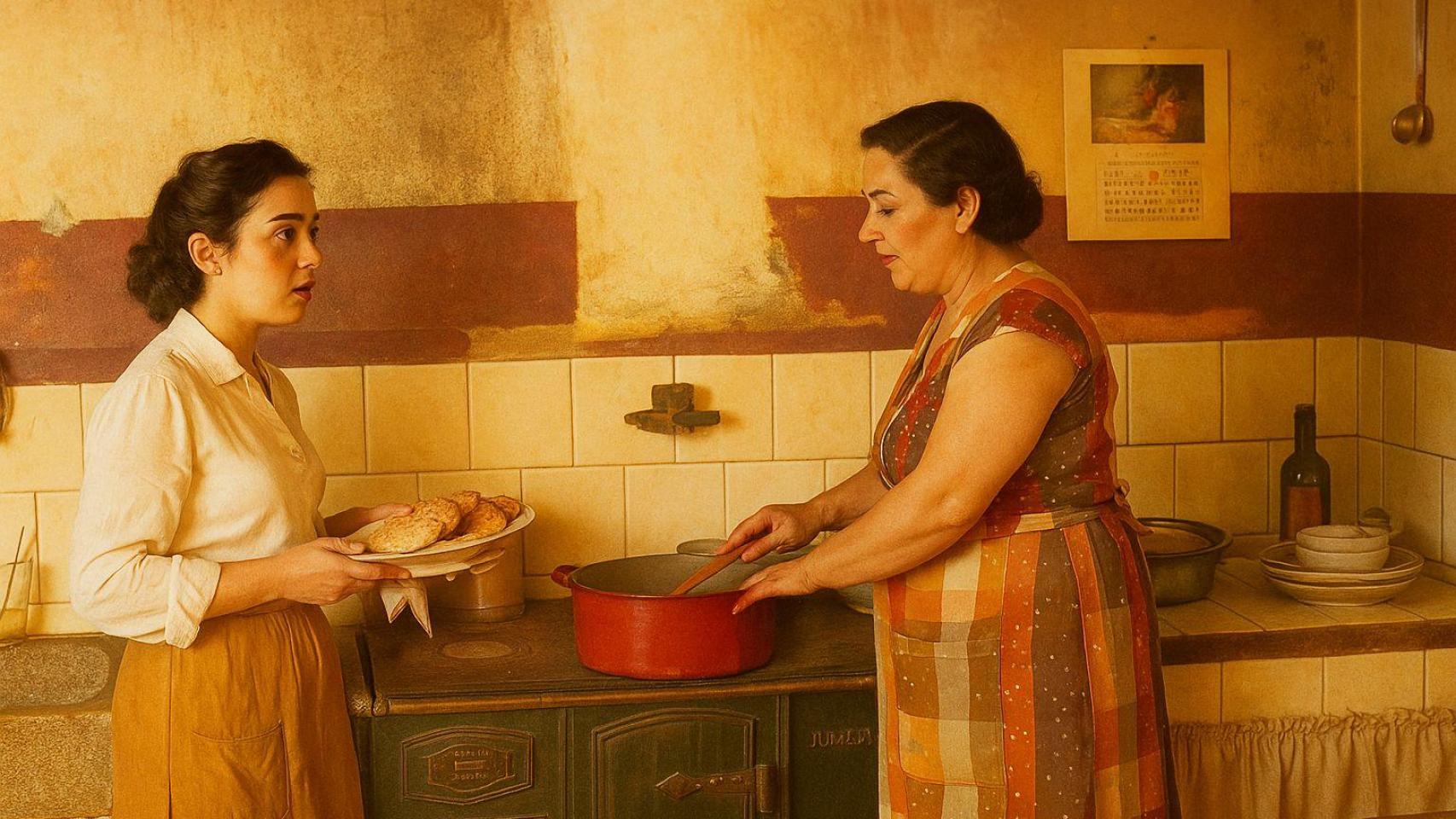 Dos mujeres en una cocina antigua.
