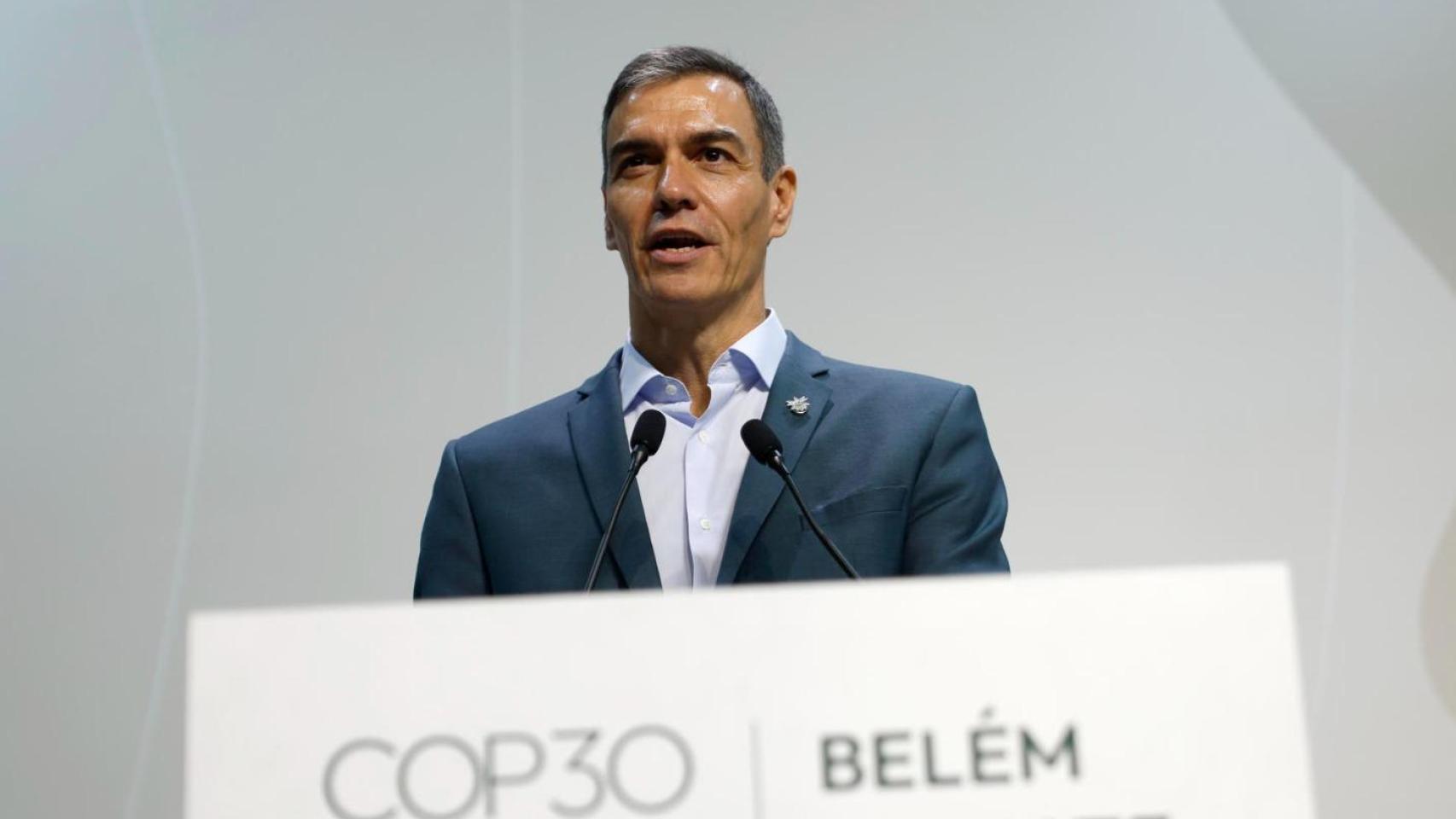 Sánchez, este viernes en Belem (Brasil) durante la rueda de prensa en la COP2025.