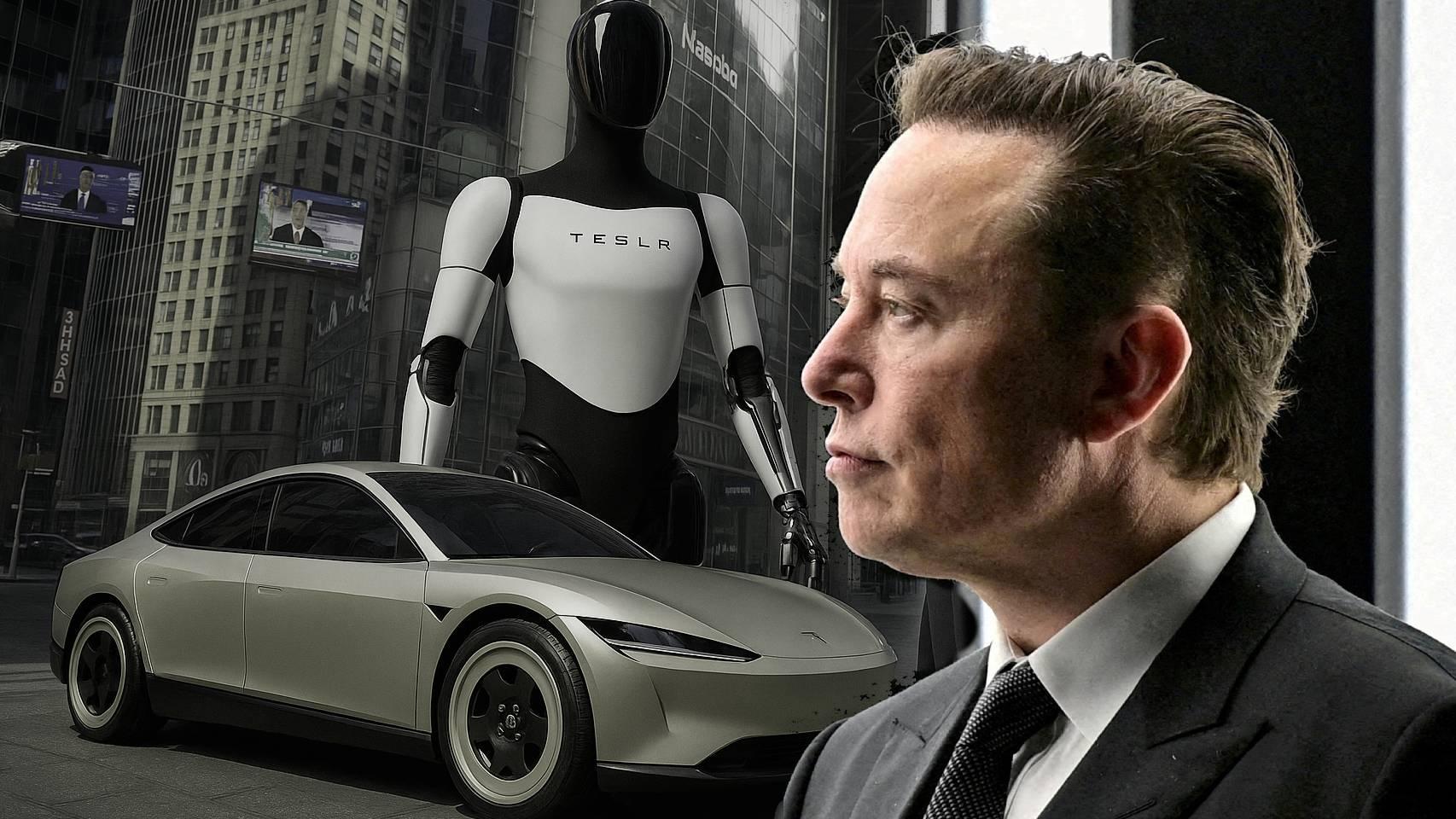 Elon Musk junto con su robot Optimus y su robotaxi Cybercab.