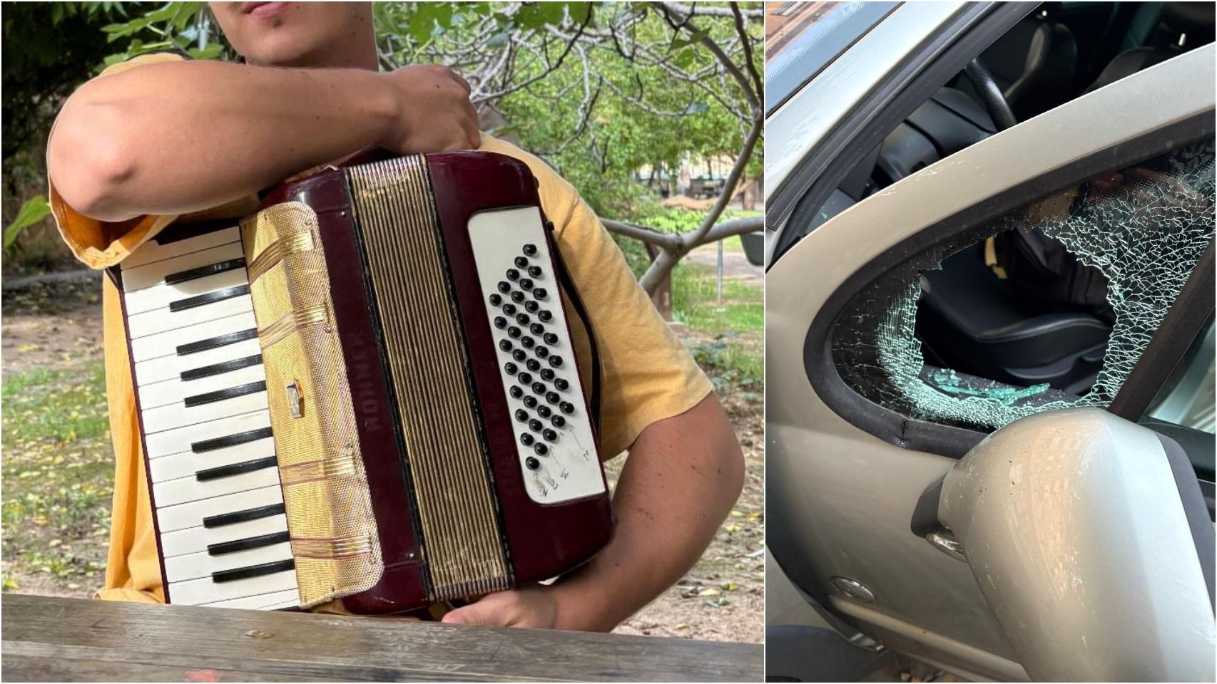 El acordeón robado, a la izquierda; y los daños producidos por el robo, a la derecha. Cedidas