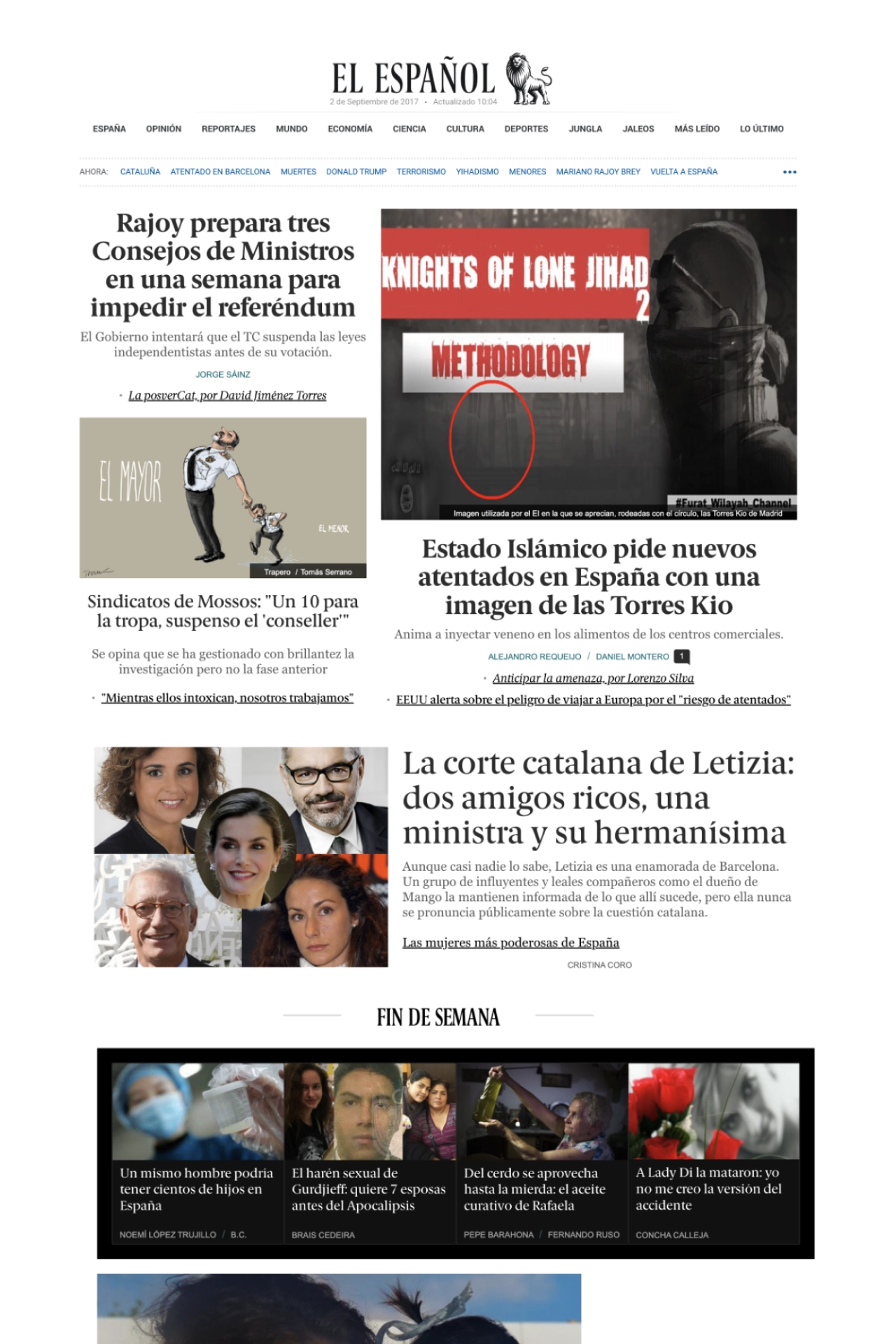 Captura de la portada de EL ESPAÑOL en 2017