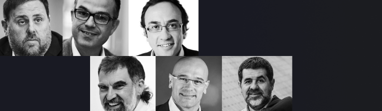 De izda. a dcha. y de arriba abajo: Oriol Junqueras, Jordi Turull, Josep Rull, Jordi Cuixart, Raül Romeva y Jordi Sánchez