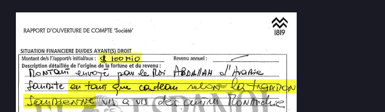 Página del informe de apertura de la cuenta de Lucum con la mención a la donación del rey saudí