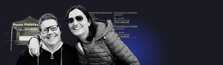 La directora del Instituto de las Mujeres, Isabel García, y su pareja, Elisabeth García, con un Punto Violeta y uno de los contratos adjudicados por ayuntamientos del PSOE en un fotomontaje