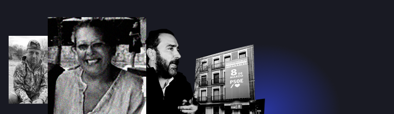 La empresaria Carmen Pano, en el centro, junto a Claudio Rivas y Víctor de Aldama en la sede del PSOE en un fotomontaje