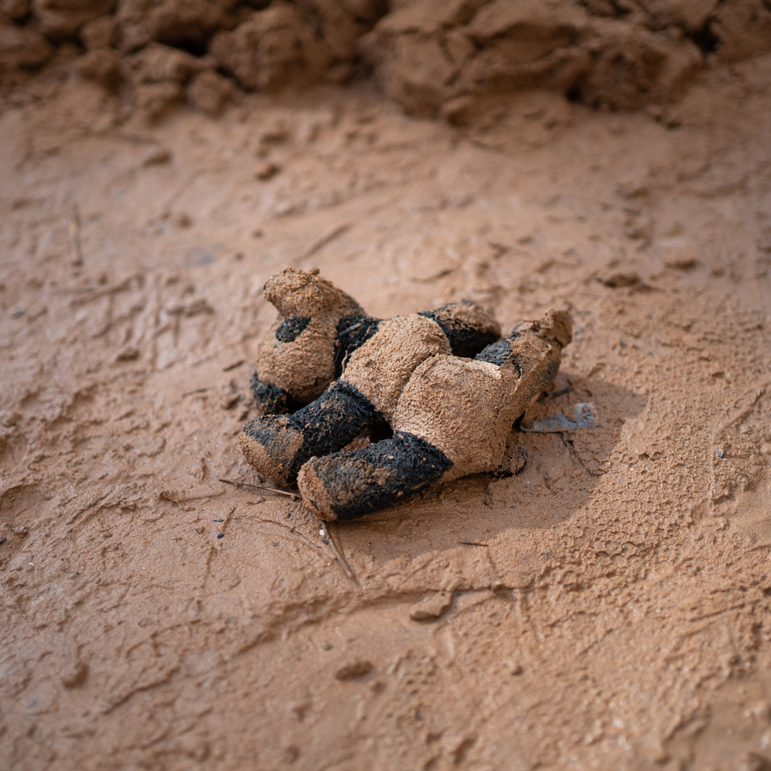 Muñeco de un panda de peluche cubierto de barro y seco sobre un suelo arcilloso tras la DANA en Valencia