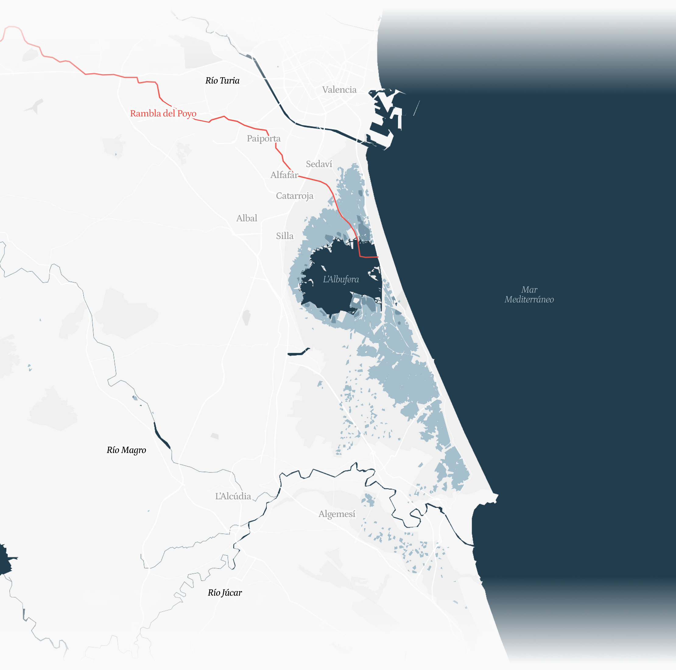 Mapa de la costa sur de Valencia que representa la profundidad estimada de inundación durante la DANA: tonos azul oscuro para las zonas con mayor calado en l’Albufera y marismas adyacentes, azul medio claro para áreas anegadas en la llanura costera hasta Cullera, y trazados de ríos y barrancos como el Turia, el Magro y la rambla del Poyo; se señalan municipios como Paiporta, Alfafar, Catarroja, Silla, Algemesí y Valencia, mostrando cómo el agua se extendió principalmente al sur del área metropolitana y alrededor del parque natural.