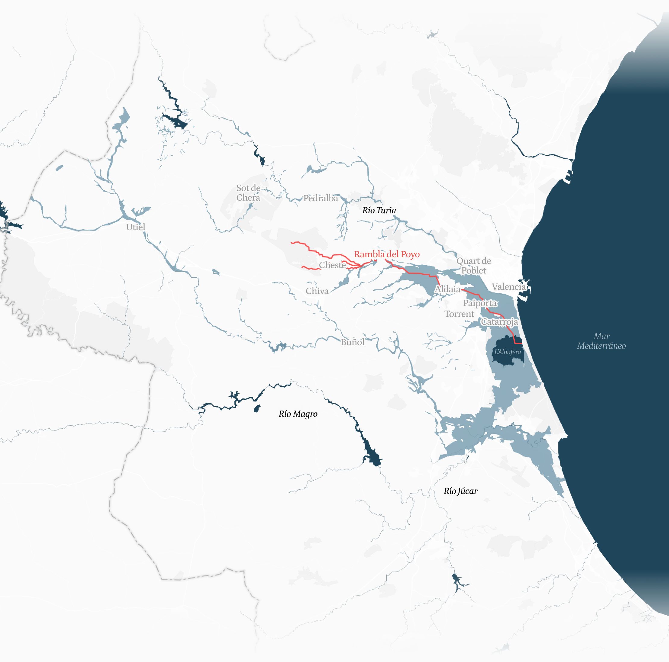 Mapa de la provincia de Valencia que muestra la estimación de zonas inundadas elaborada en la Universitat Politècnica de València: manchas en azul medio y oscuro delinean áreas anegadas en la llanura litoral, l’Albufera y tramos bajos del Júcar y Magro, con la Rambla del Poyo resaltada en rojo y referencias a municipios como Paiporta, Catarroja, Torrent y Valencia capital.
