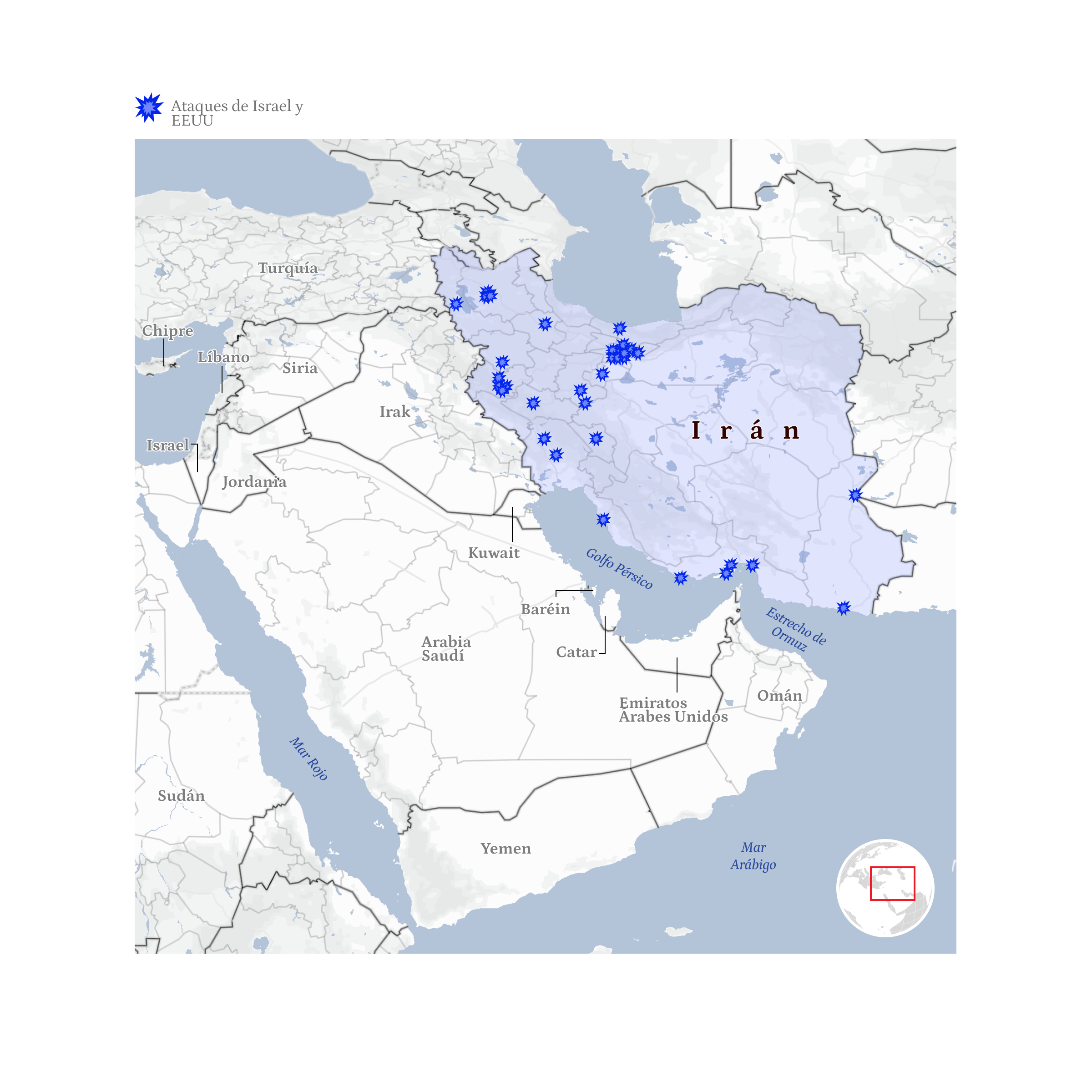 Mapa de ataques de EEUU e Israel a Irán