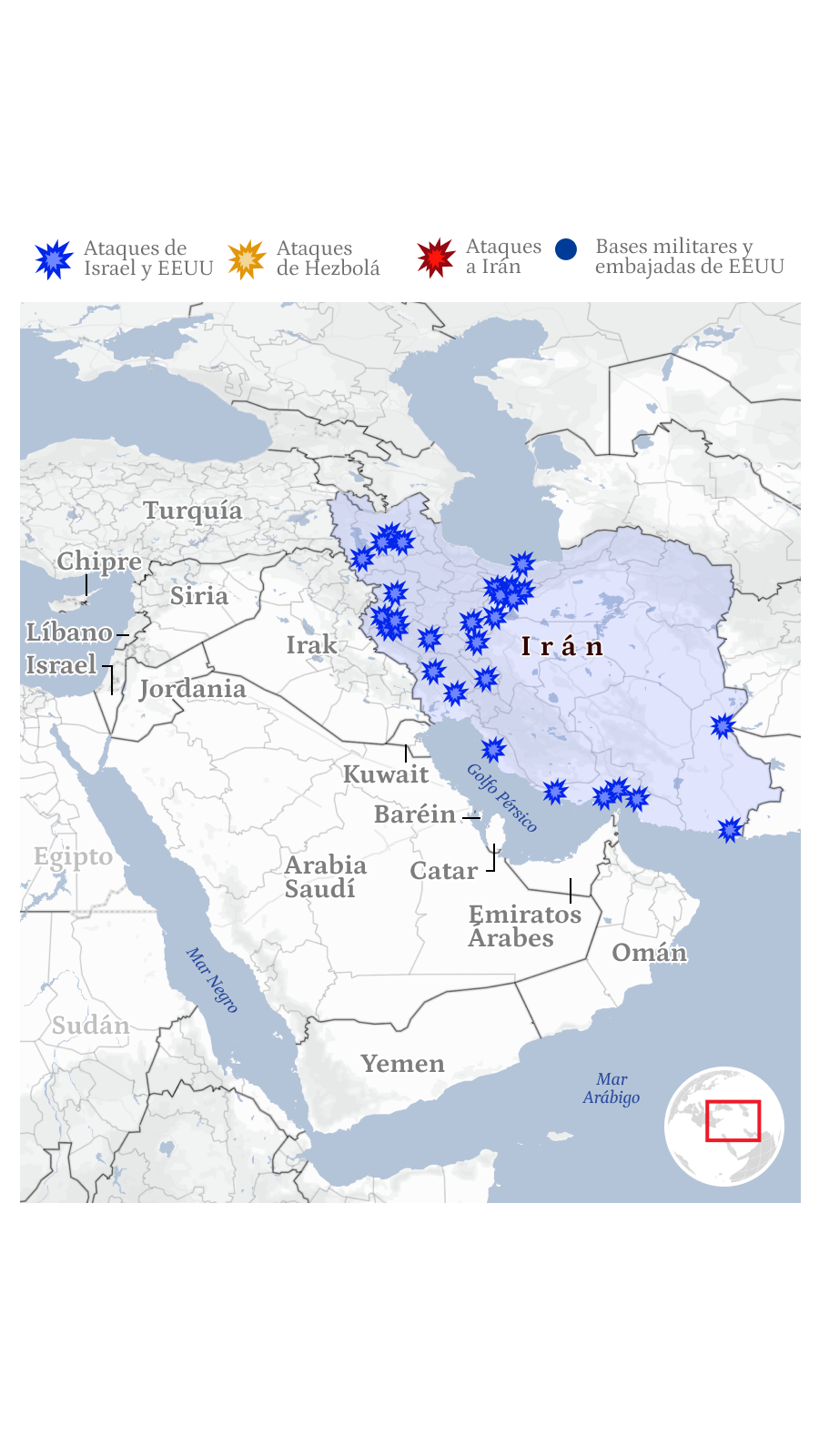 Mapa de ataques de EEUU e Israel a Irán