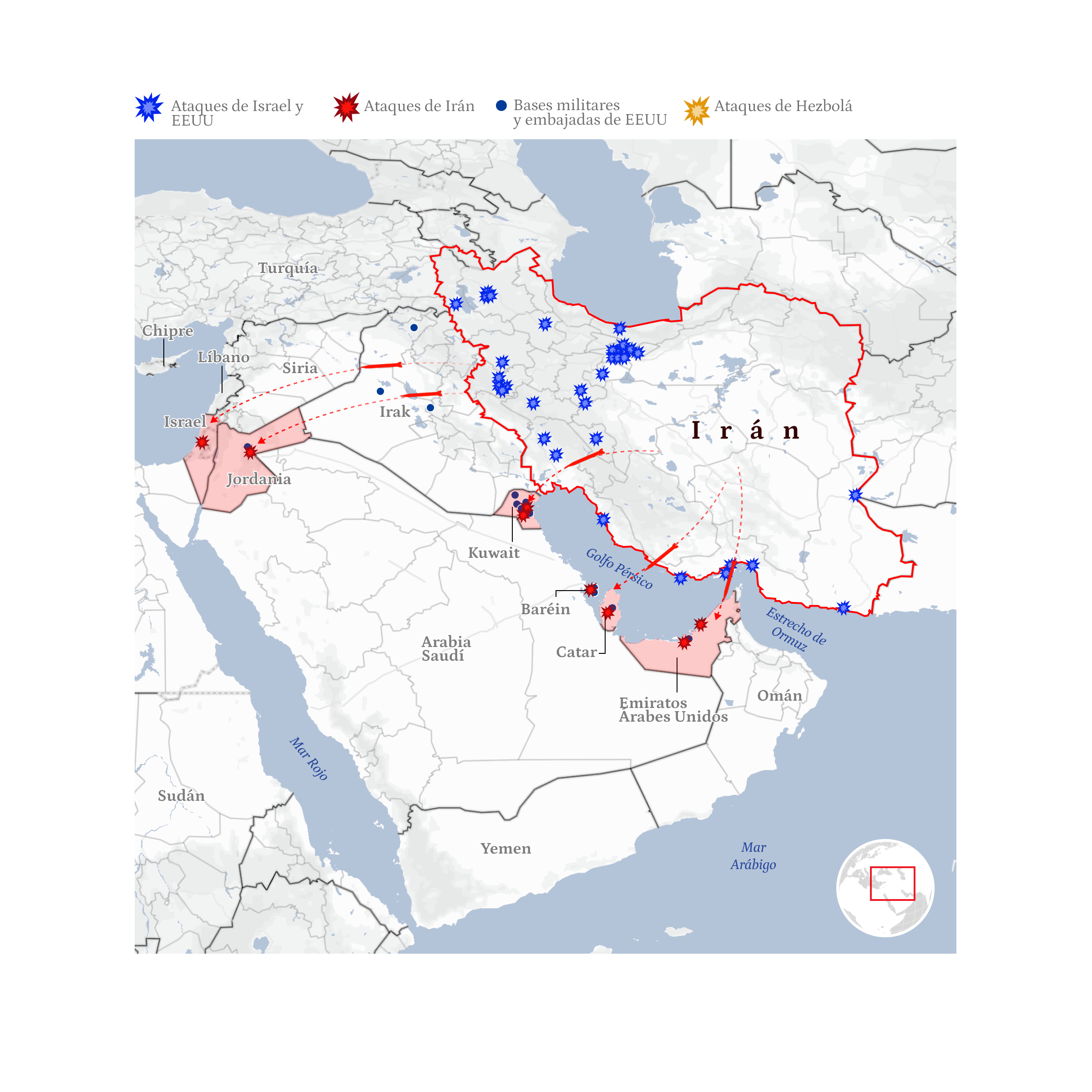 Mapa general de la guerra de Irán con EEUU e Israel