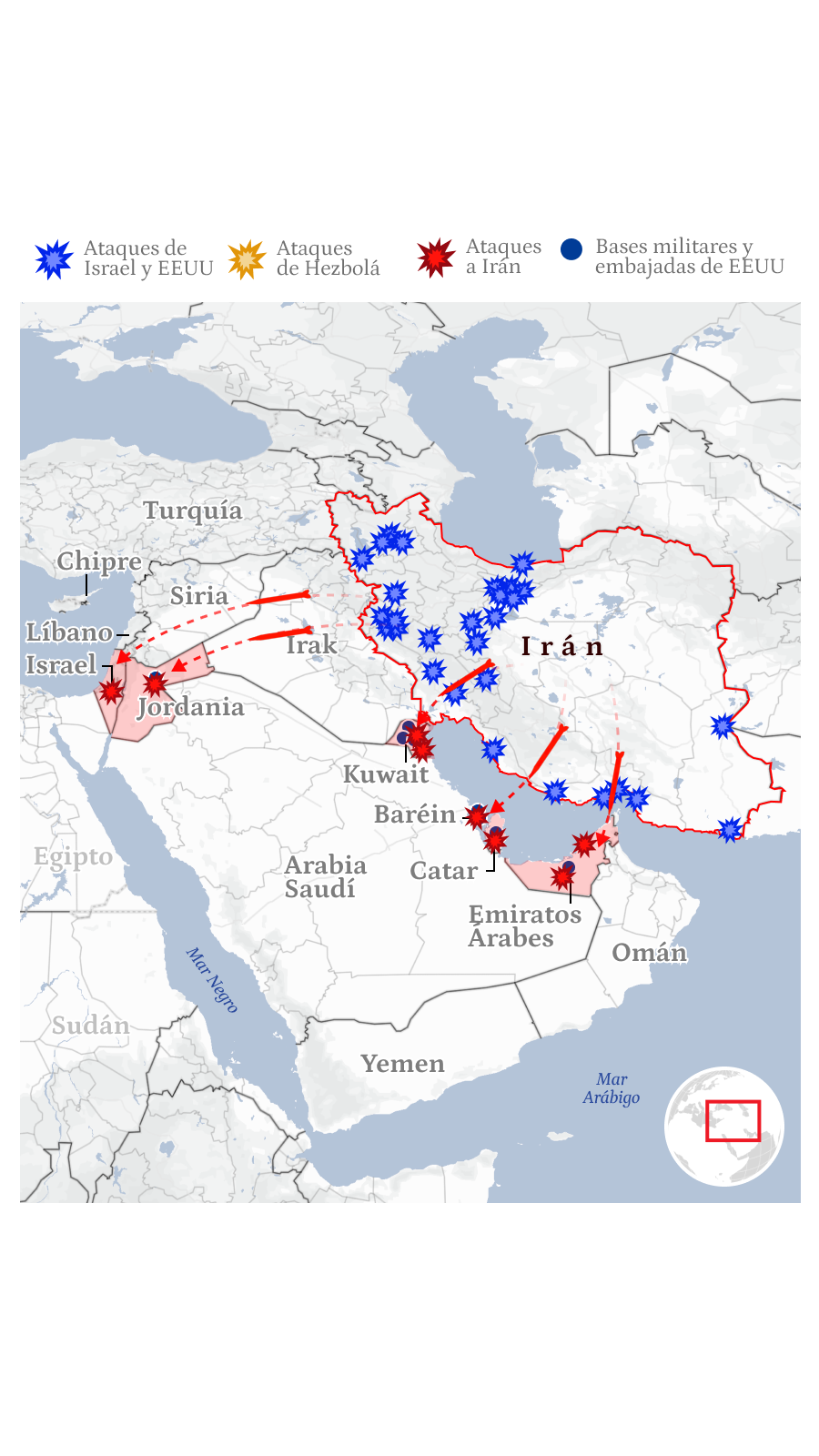 Mapa general de la guerra de Irán con EEUU e Israel