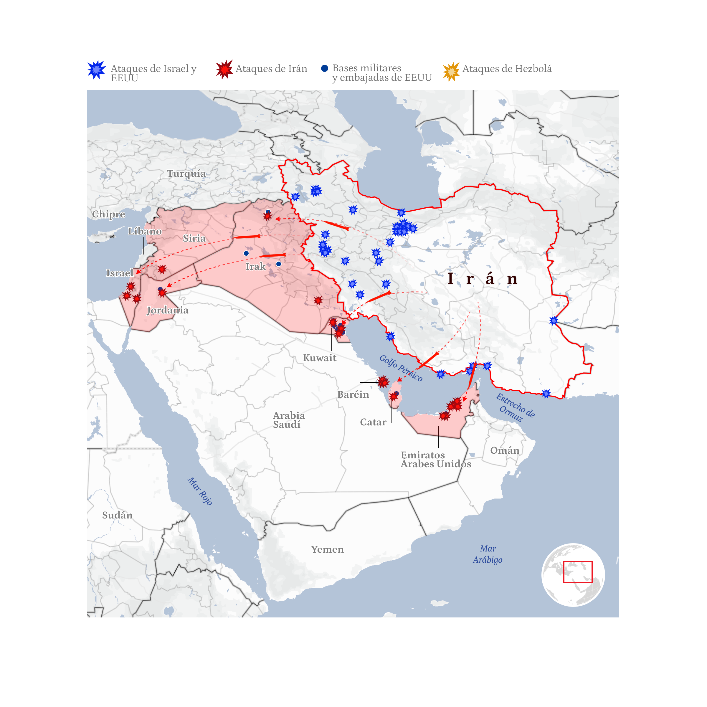 Mapa general de la guerra de Irán con EEUU e Israel
