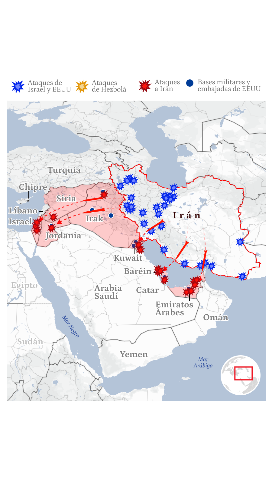 Mapa general de la guerra de Irán con EEUU e Israel