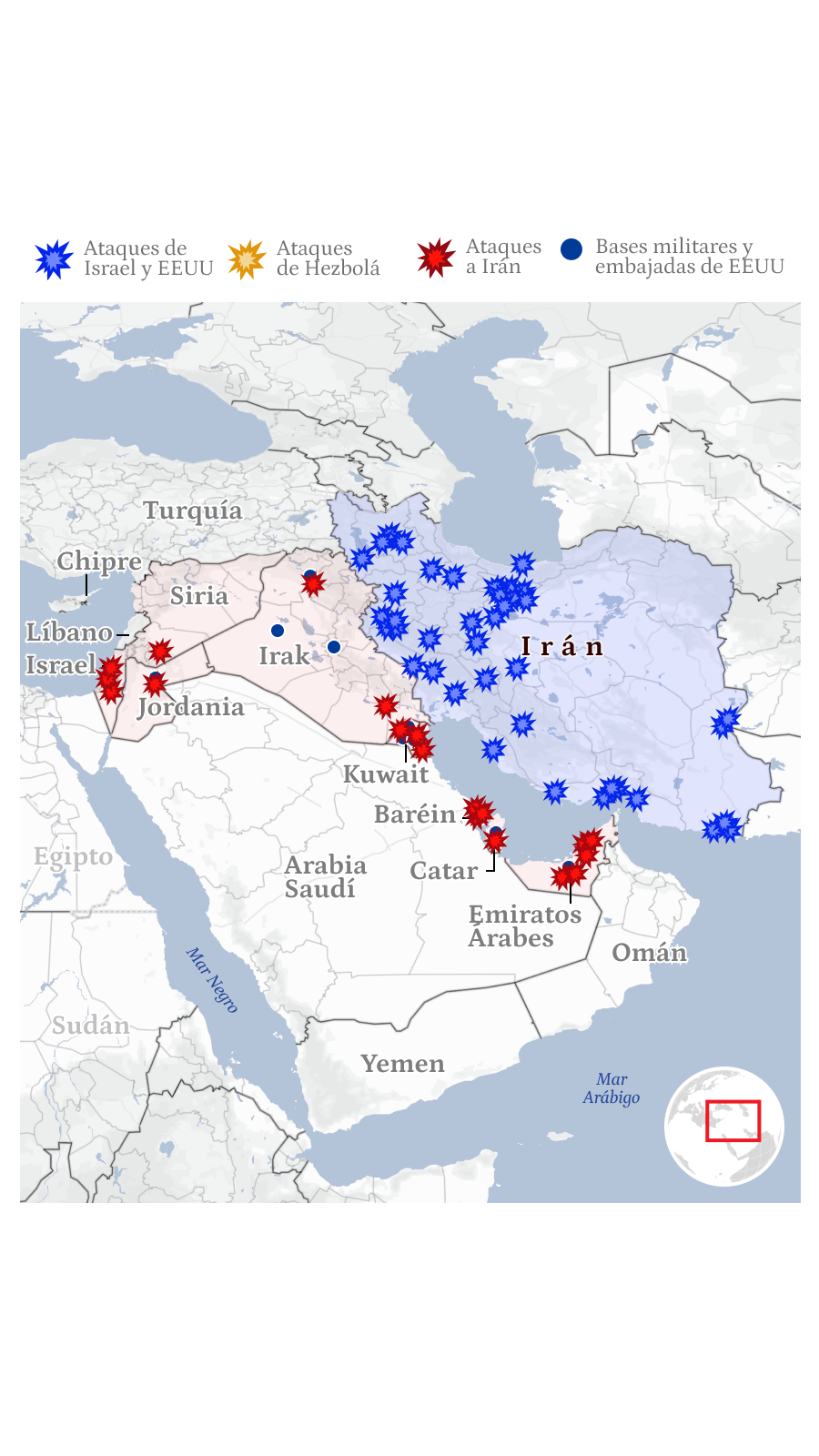Mapa general de la guerra de Irán con EEUU e Israel