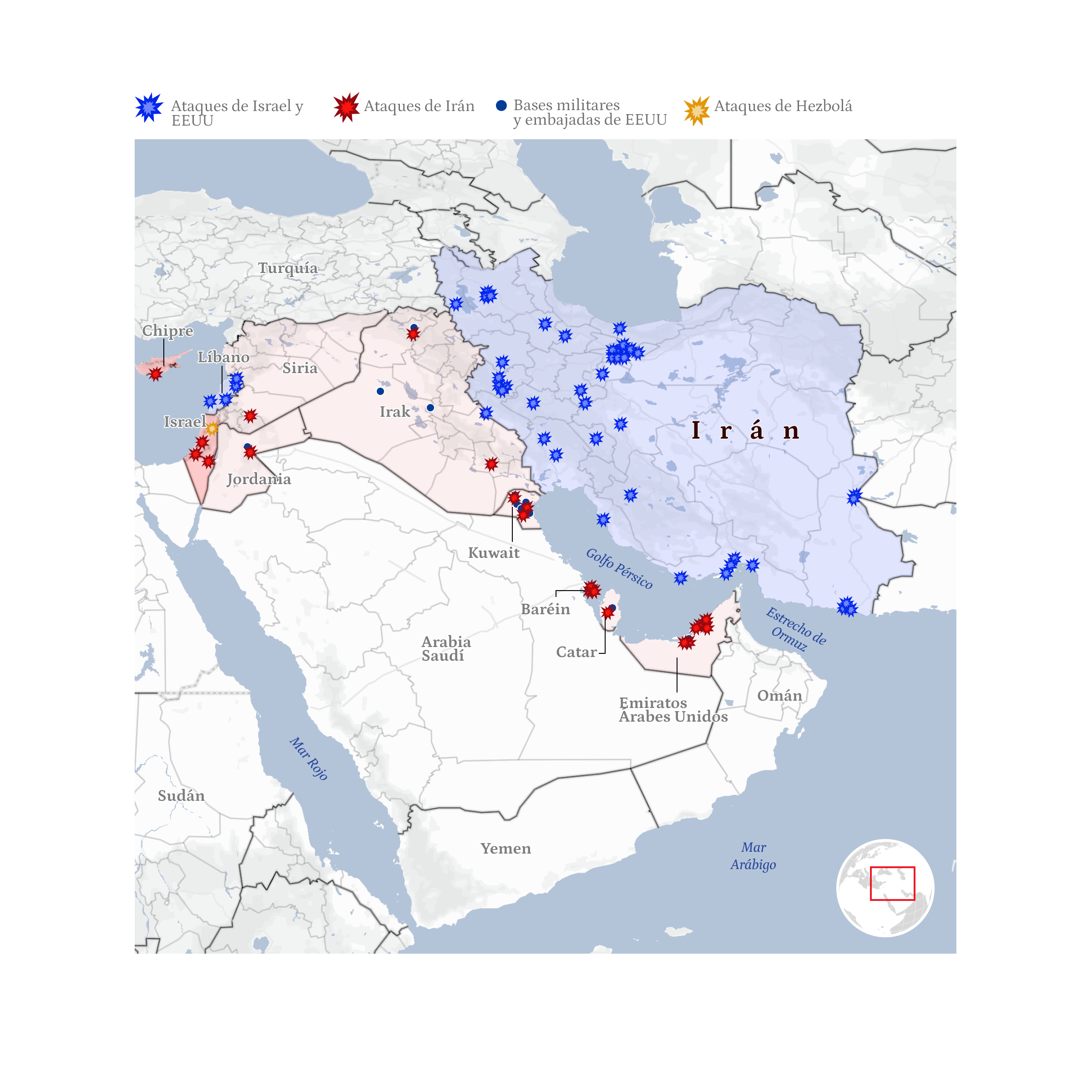 Mapa general de la guerra de Irán con EEUU e Israel