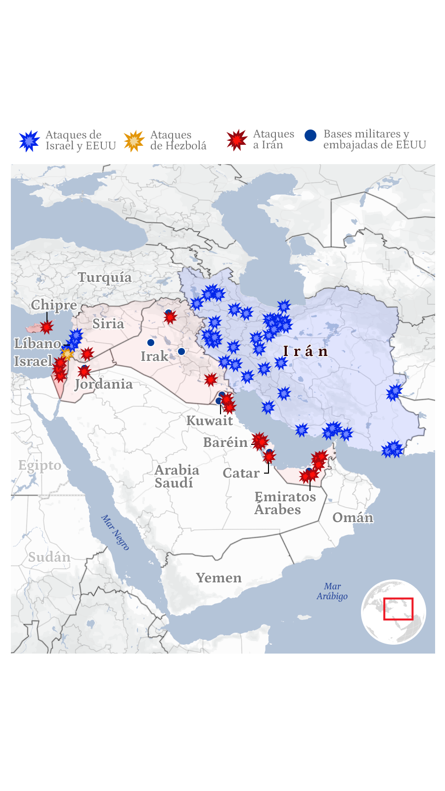 Mapa general de la guerra de Irán con EEUU e Israel