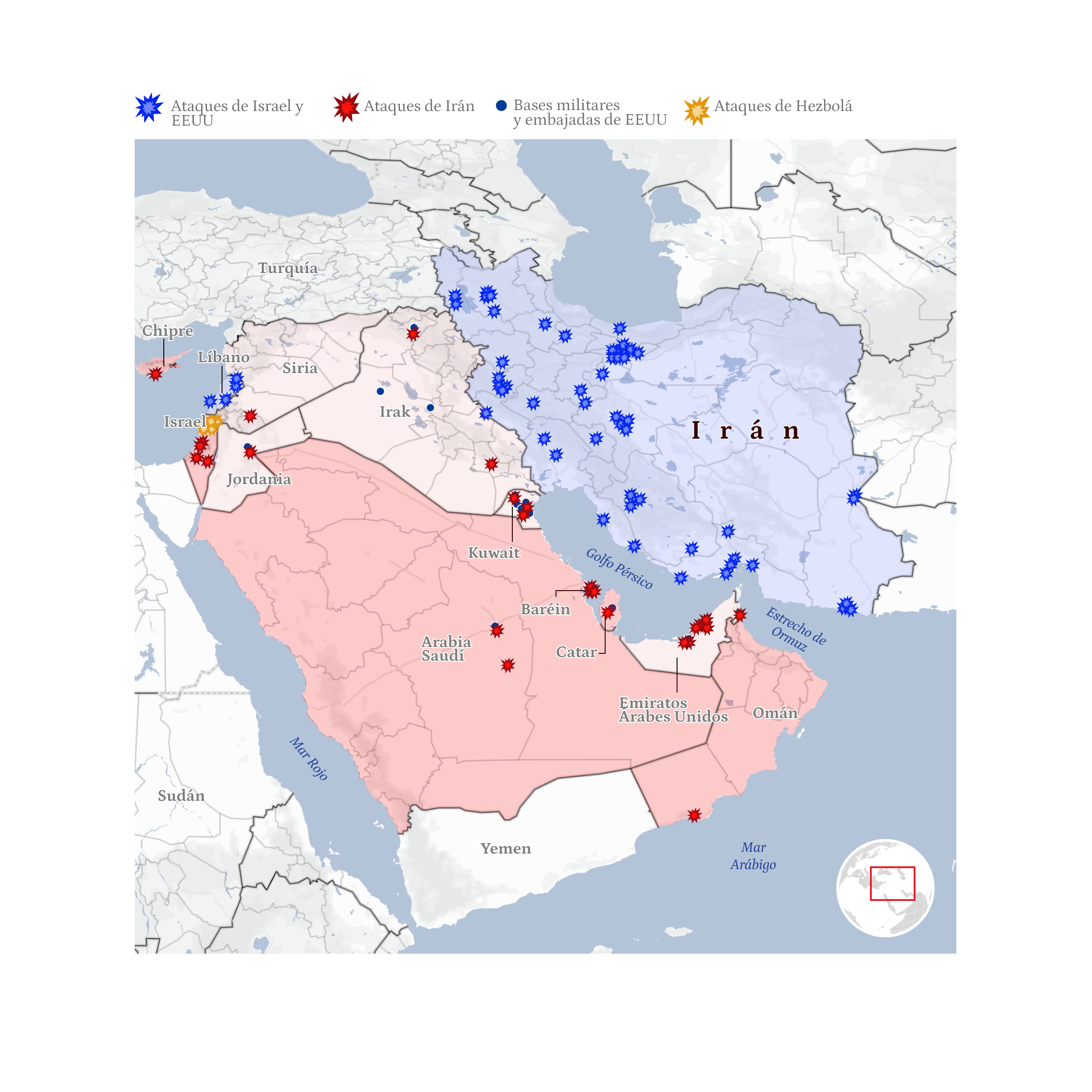 Mapa general de la guerra de Irán con EEUU e Israel