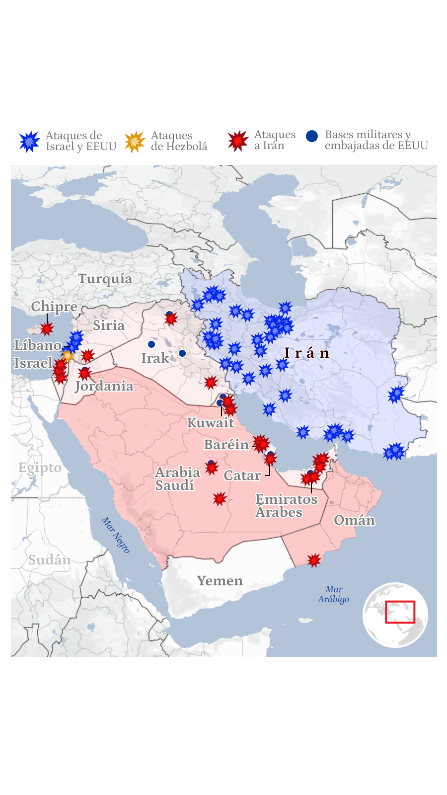 Mapa general de la guerra de Irán con EEUU e Israel