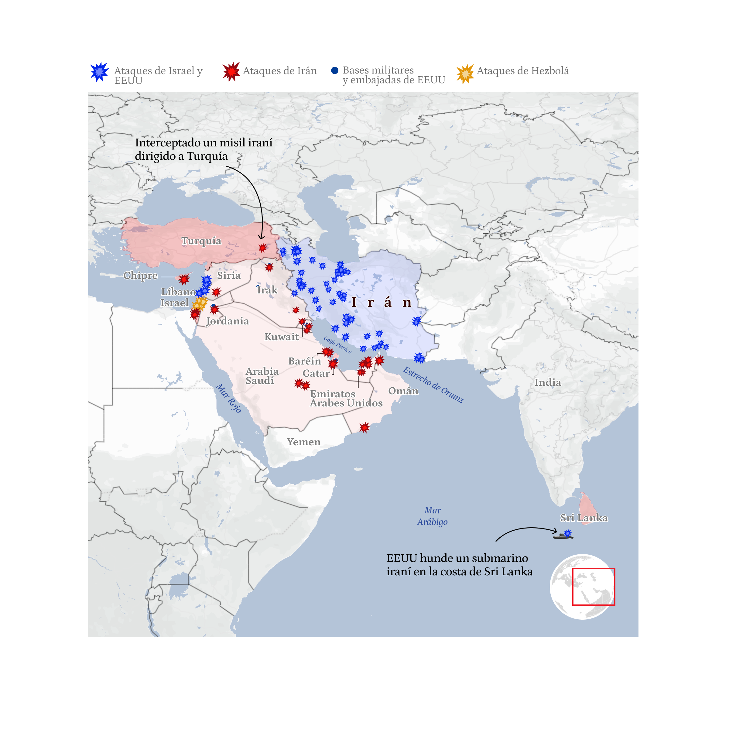 Mapa general de la guerra de Irán con EEUU e Israel