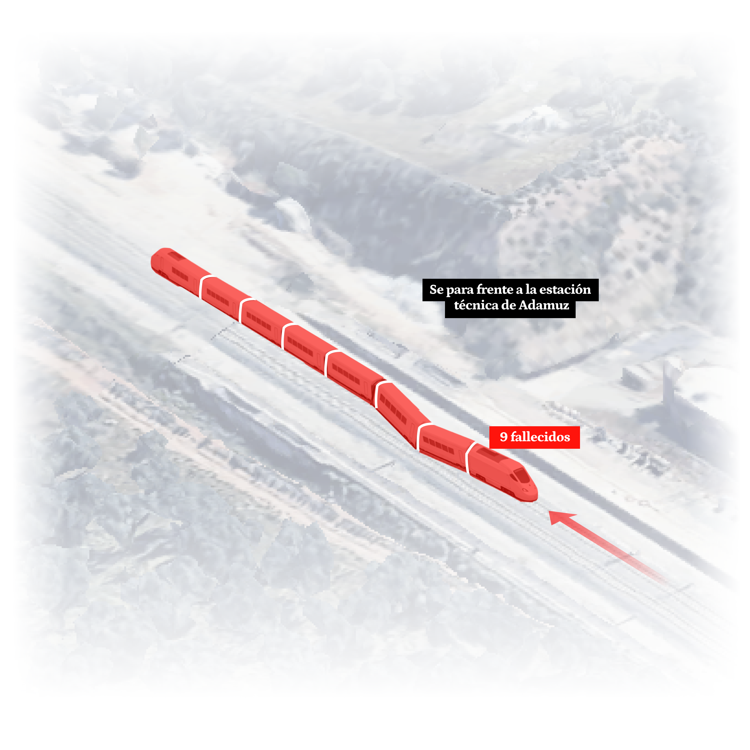 Estado del tren Iryo descarrilado tras el impacto en el accidente de Adamuz.