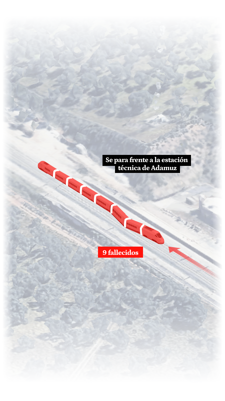 Estado del tren Iryo descarrilado tras el impacto en el accidente de Adamuz.