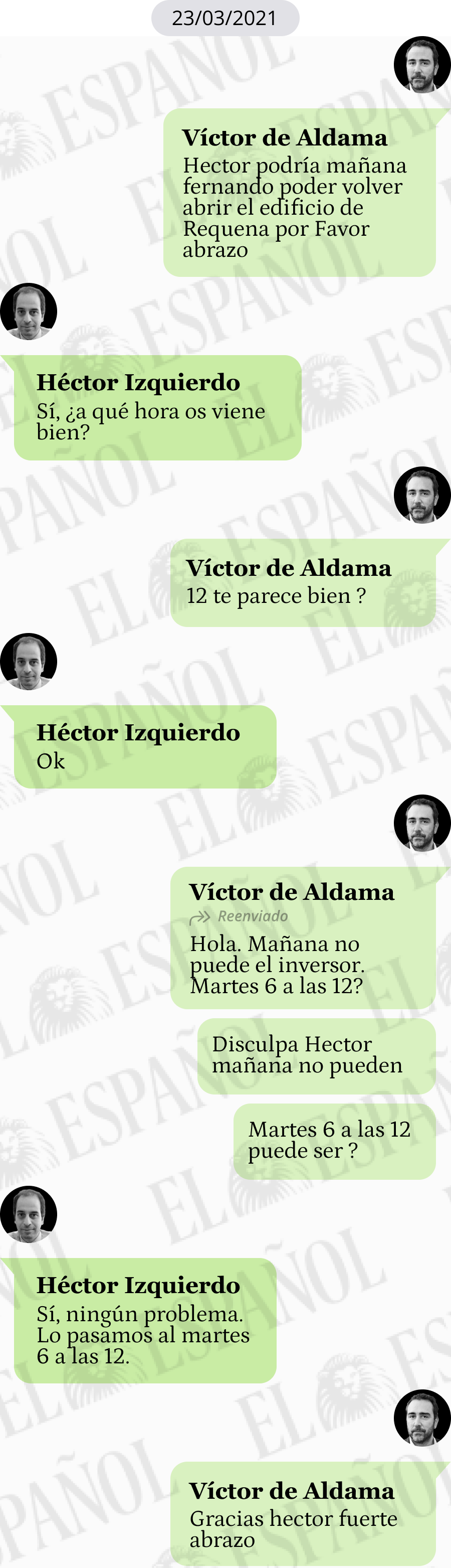 Conversación de Víctor de Aldama y Héctor Izquierdo en marzo de 2021