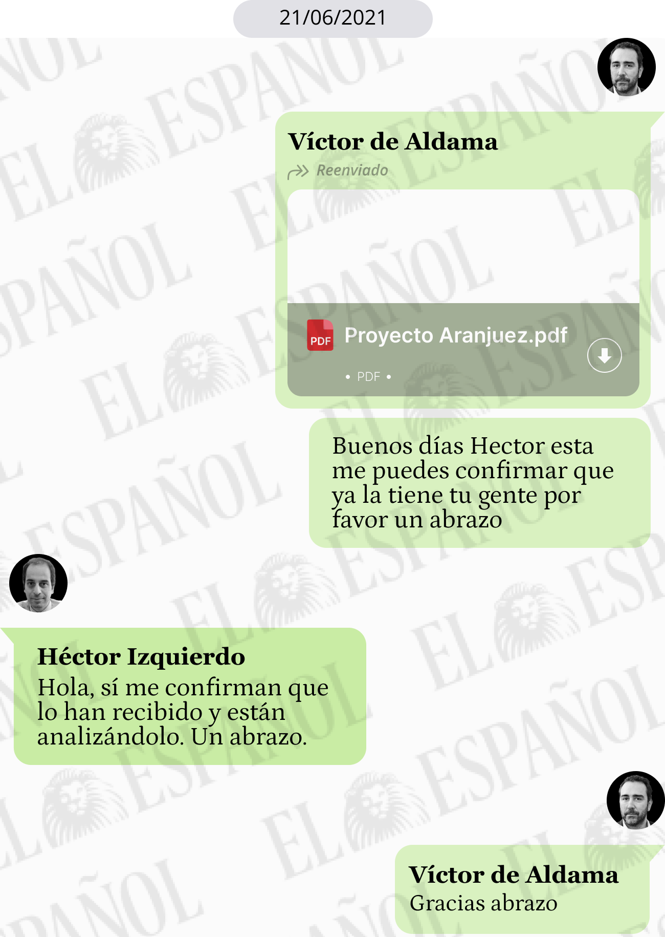Conversación de Víctor de Aldama y Héctor Izquierdo en junio de 2021