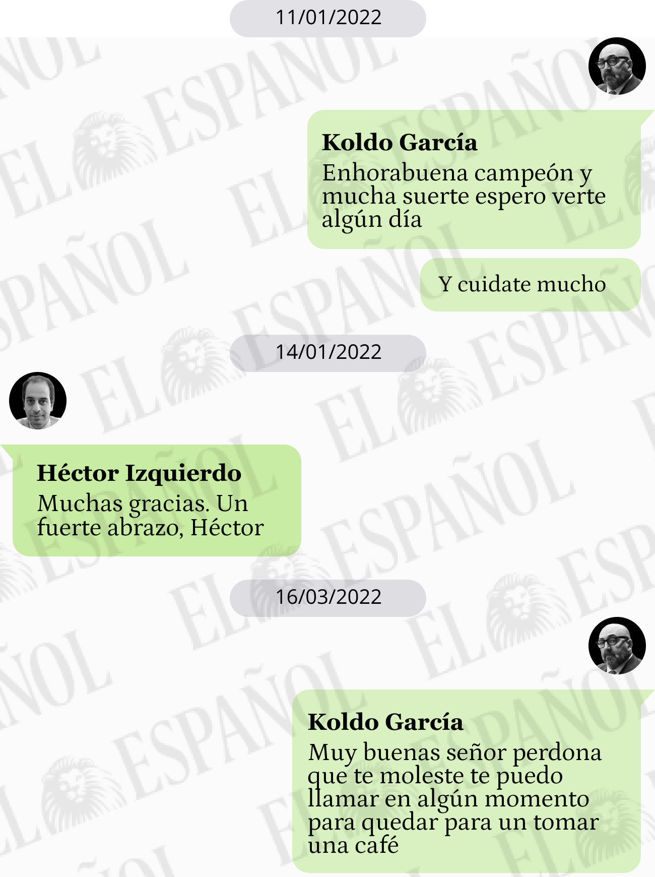 Conversación de Héctor Izquierdo y Koldo García en enero y marzo de 2022