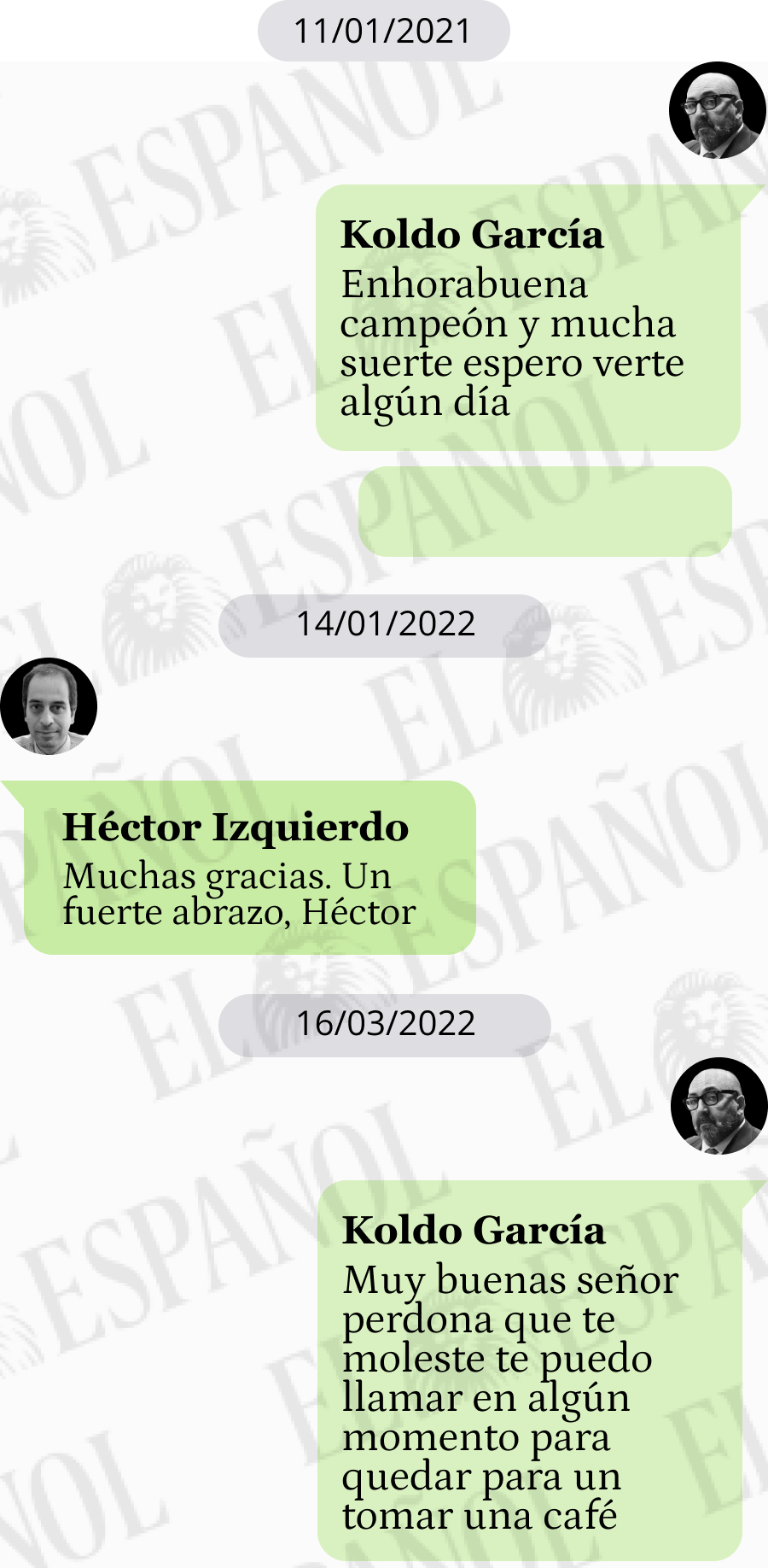 Conversación de Héctor Izquierdo y Koldo García en enero y marzo de 2022