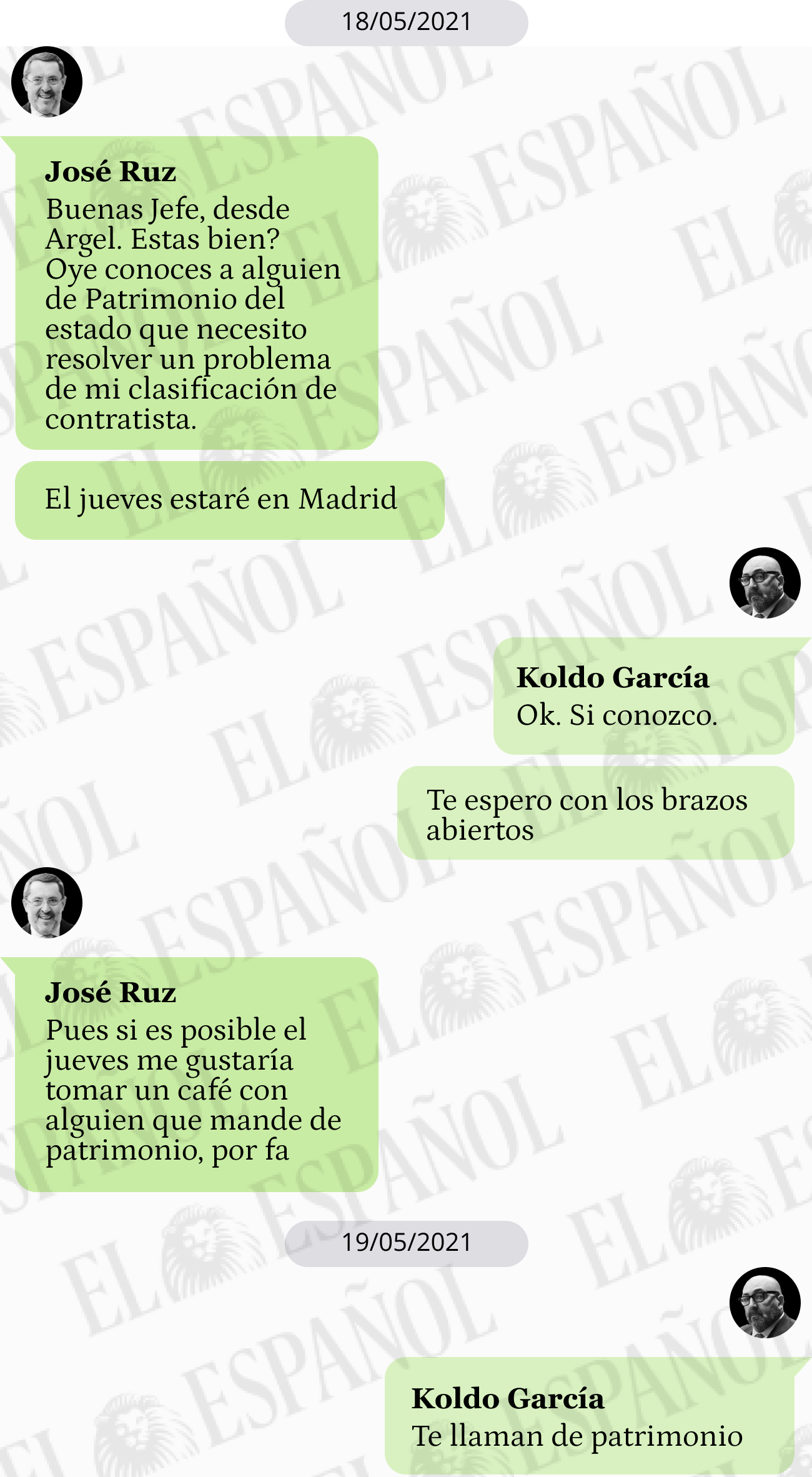 Conversación de Héctor Izquierdo y Koldo García en mayo de 2021