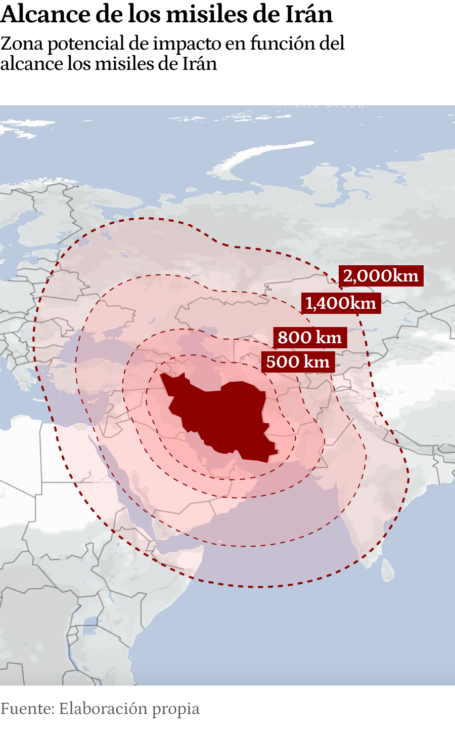 Mapa de la zona potencial de impacto en función del alcance los misiles de Irán